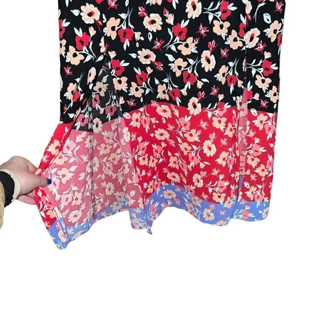 EXPRESS Floral Ruffle Red Black ColorBlock Dress W/ Double Slits Size M - Picture 4 of 7